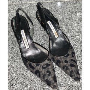 Manolo Blahnik slingback heels black leopard mesh